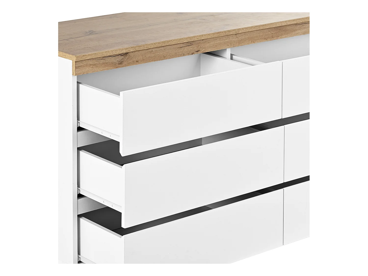 Buffet 110x40x67.5cm avec 6 tiroirs, plateau en placage chêne, corps blanc
