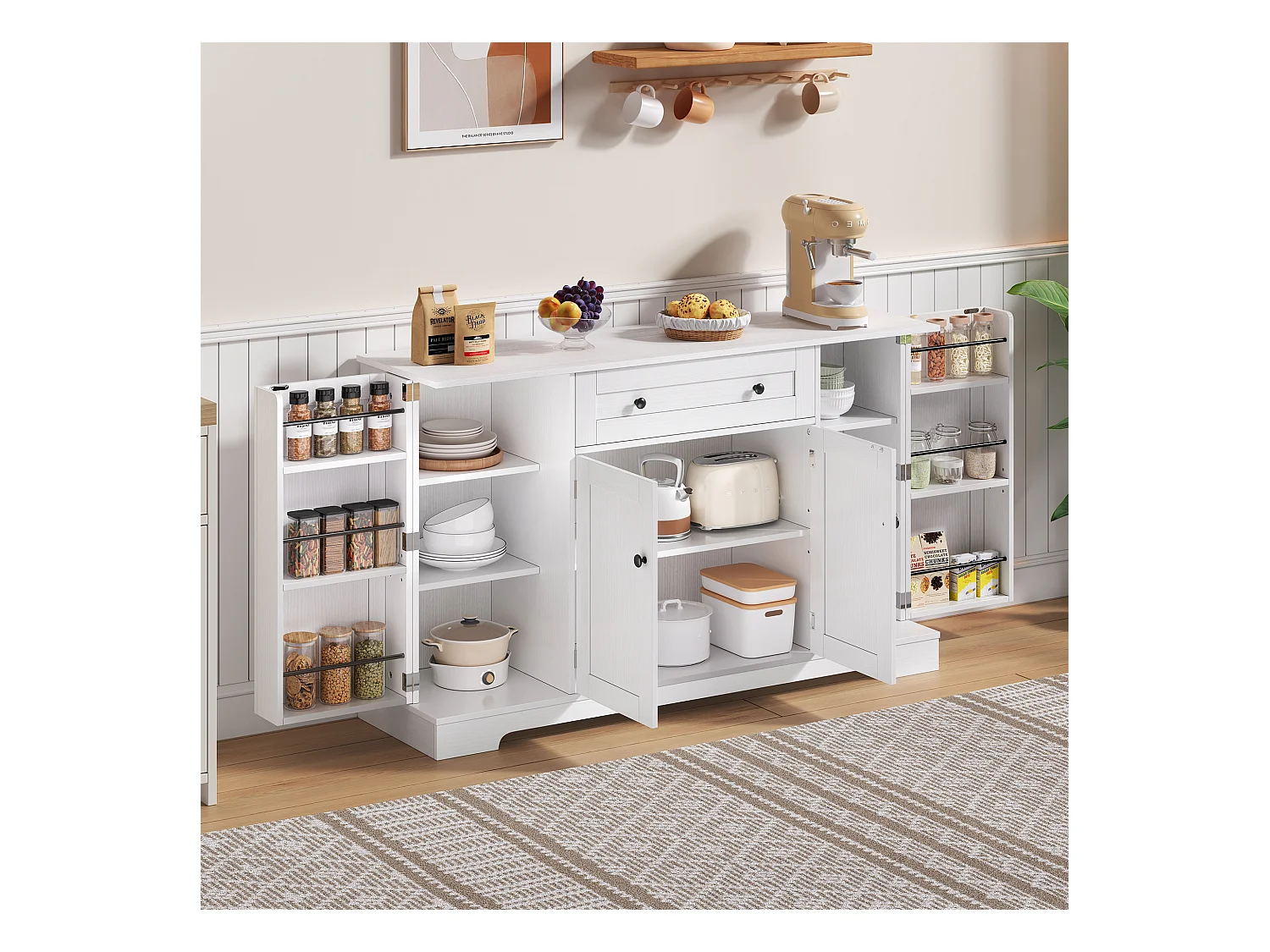 Buffet de cuisine 138x40x85cm avec 4 portes et 1 tiroir, corps en MDF blanc