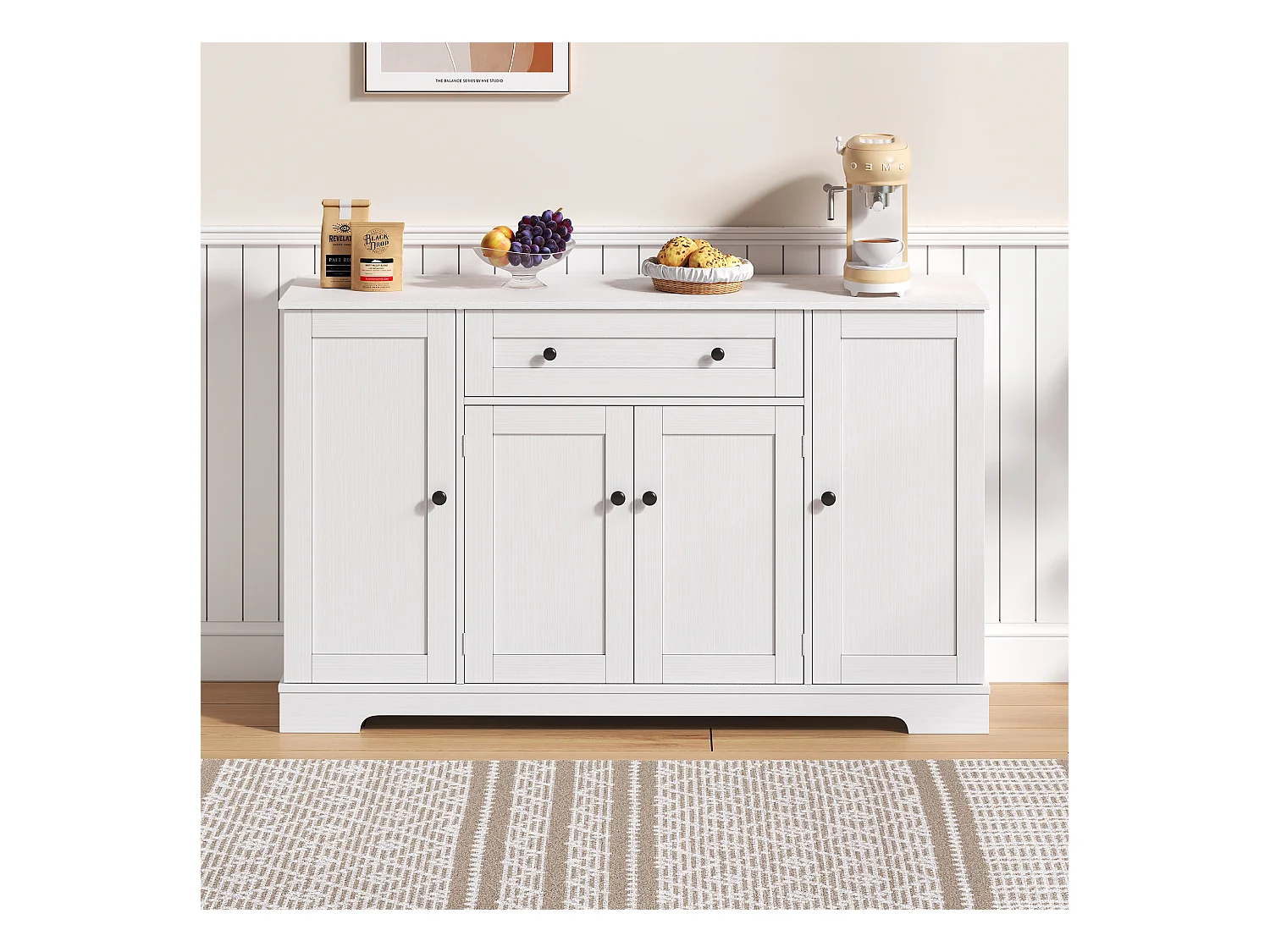 Buffet de cuisine 138x40x85cm avec 4 portes et 1 tiroir, corps en MDF blanc