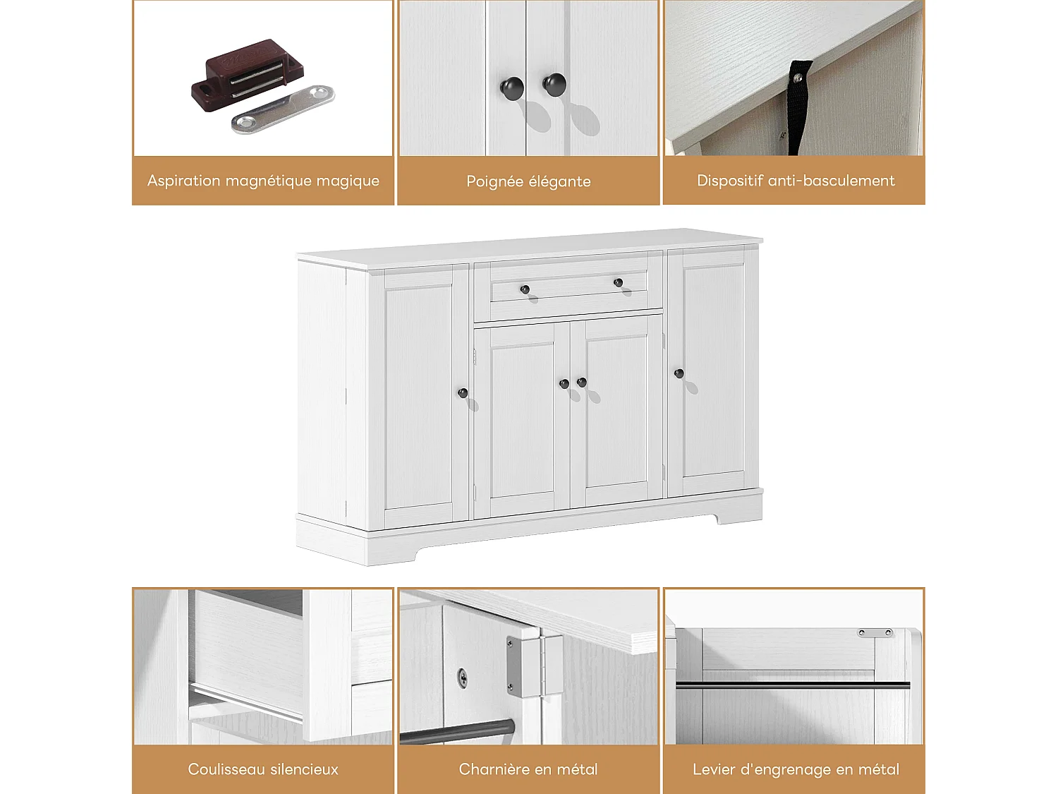 Aparador de cozinha 138x40x85cm com 4 portas e 1 gaveta, corpo em MDF branco