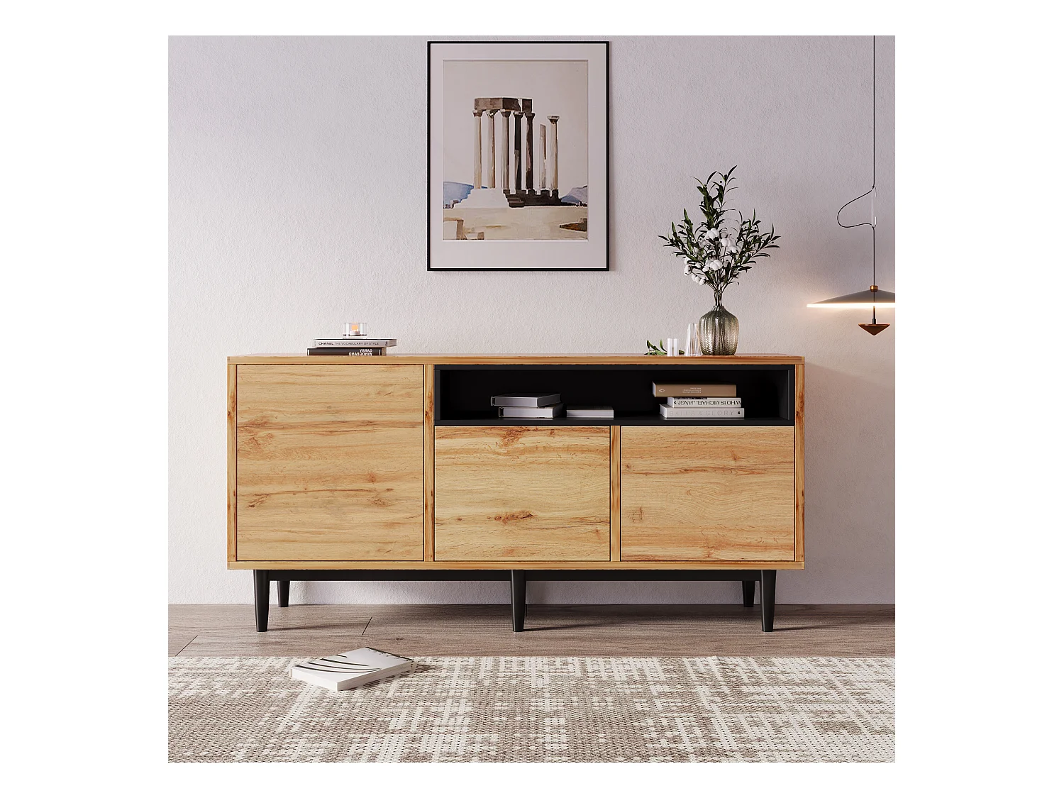Buffet 160x35x76cm avec 3 portes et 1 niche, pieds en métal noir, corps en woodgrain naturel clair