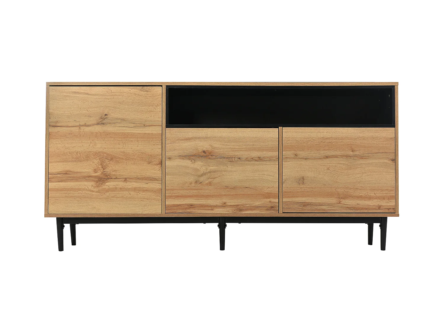 Buffet 160x35x76cm avec 3 portes et 1 niche, pieds en métal noir, corps en woodgrain naturel clair