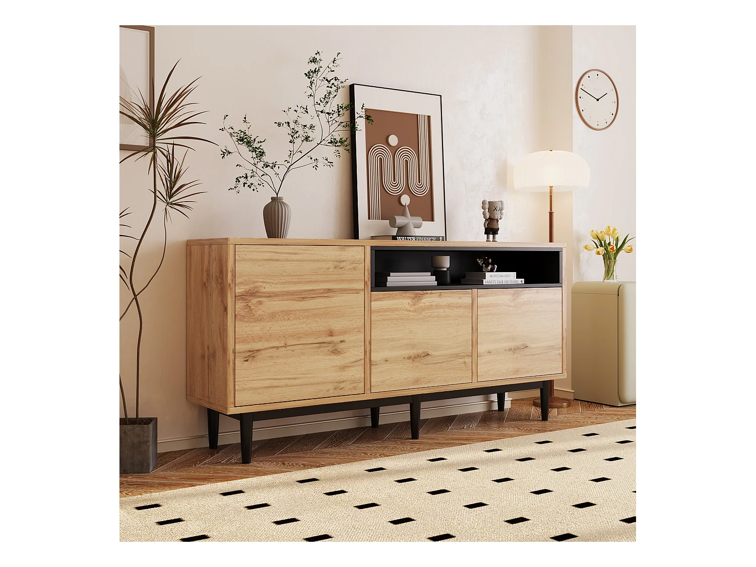 Buffet 160x35x76cm avec 3 portes et 1 niche, pieds en métal noir, corps en woodgrain naturel clair