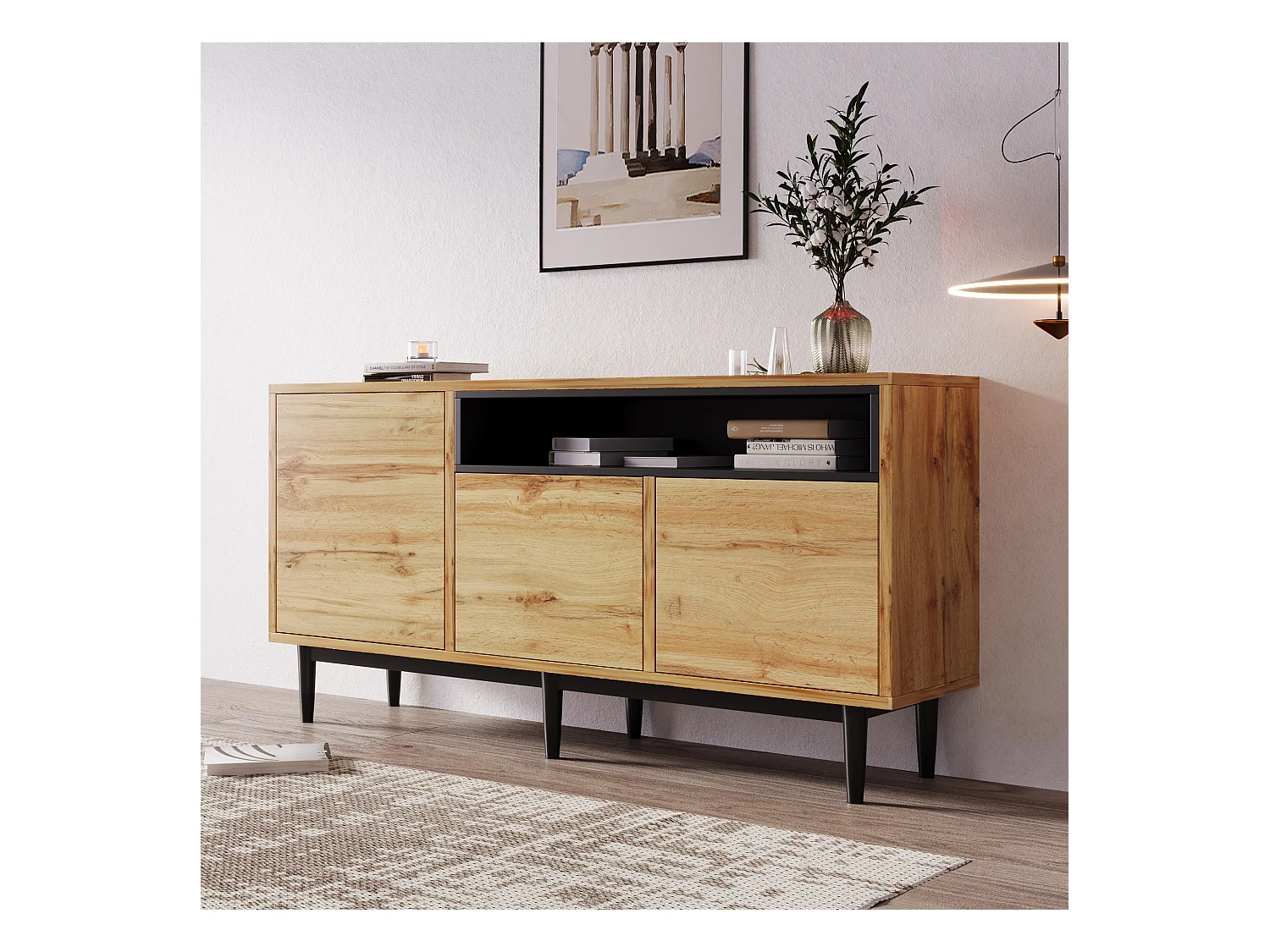 Buffet 160x35x76cm avec 3 portes et 1 niche, pieds en métal noir, corps en woodgrain naturel clair