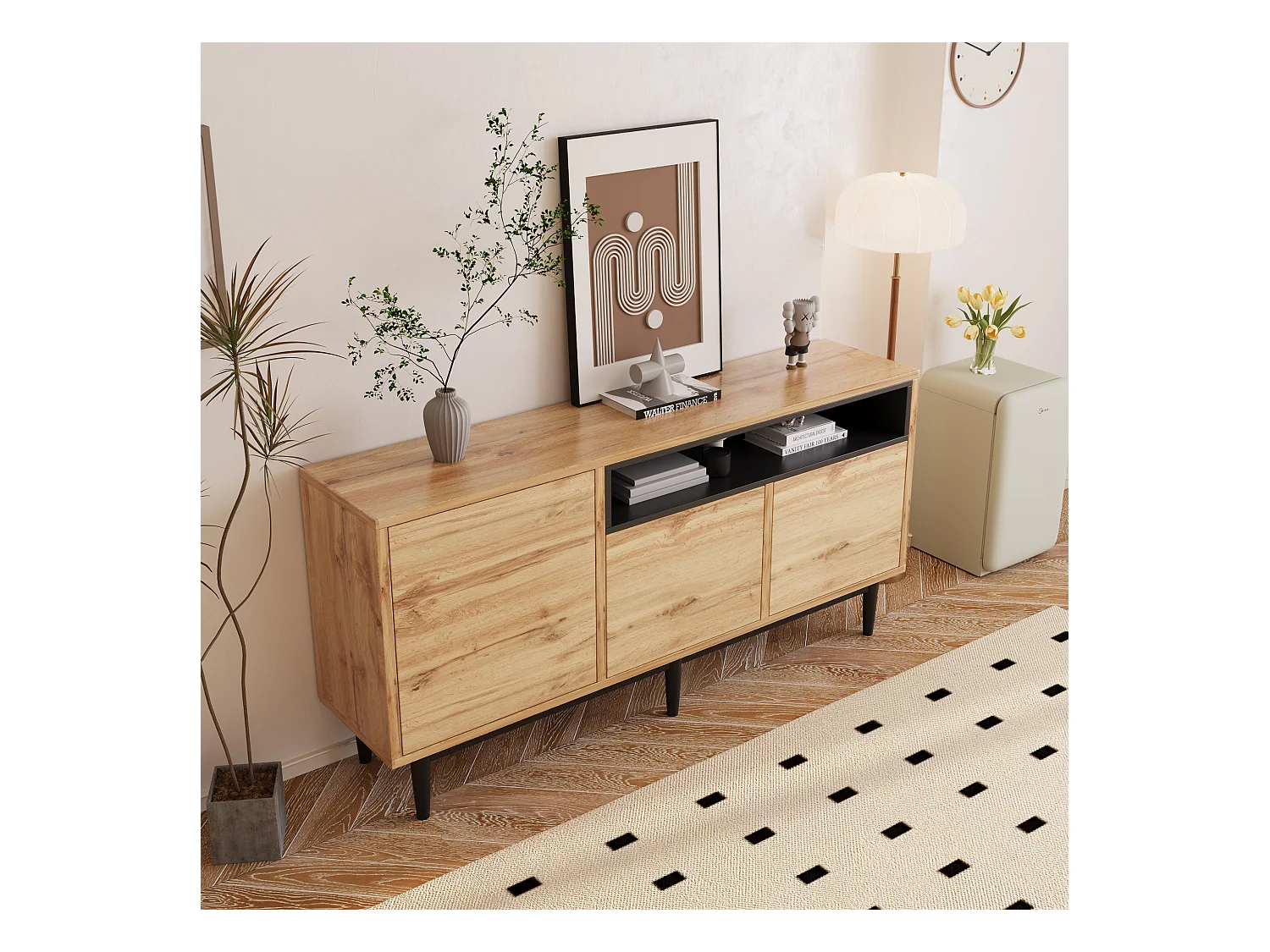 Buffet 160x35x76cm avec 3 portes et 1 niche, pieds en métal noir, corps en woodgrain naturel clair