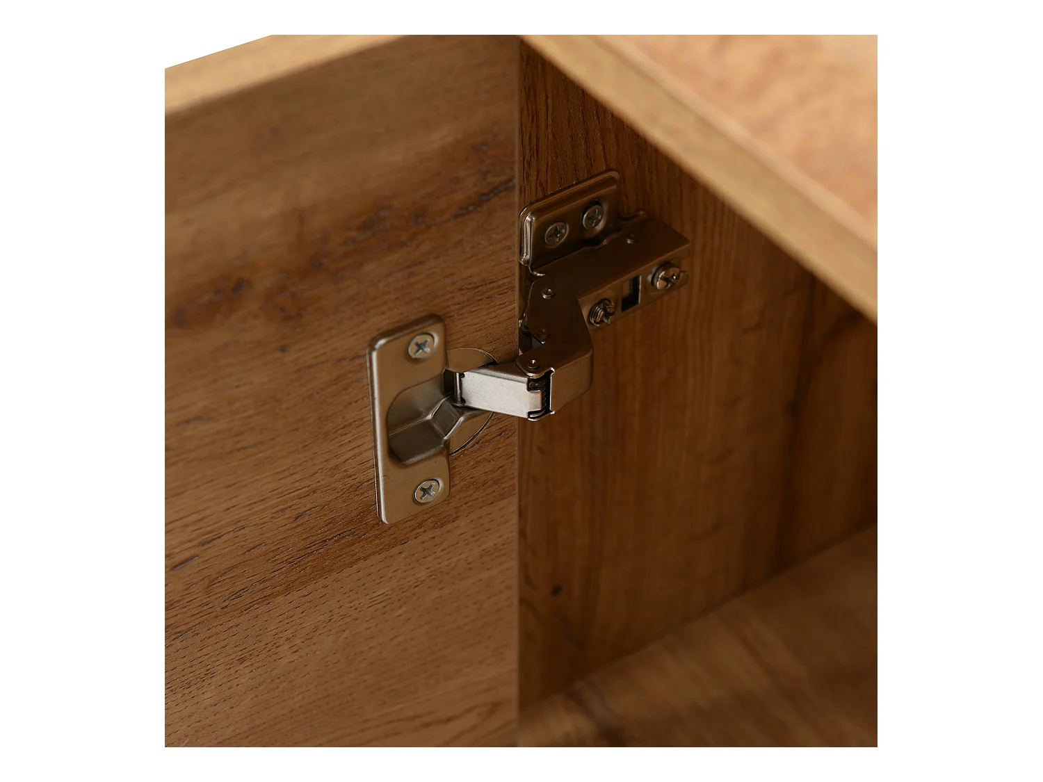 Buffet 160x35x76cm avec 3 portes et 1 niche, pieds en métal noir, corps en woodgrain naturel clair