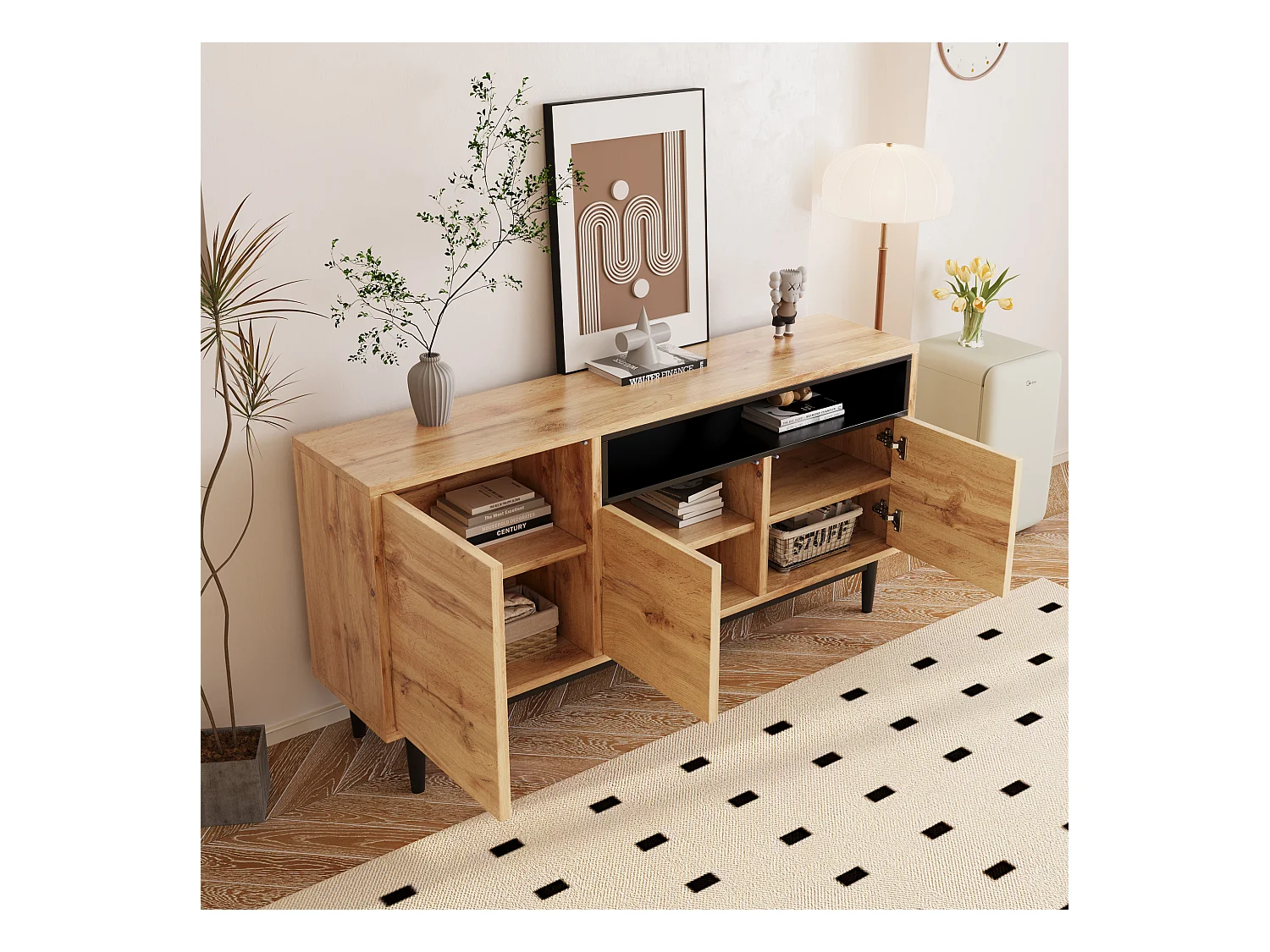 Buffet 160x35x76cm avec 3 portes et 1 niche, pieds en métal noir, corps en woodgrain naturel clair