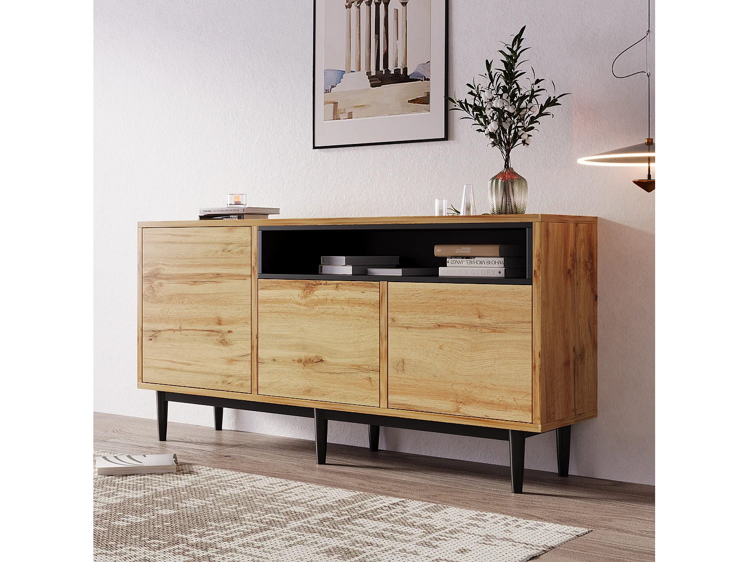 Buffet 160x35x76cm avec 3 portes et 1 niche, pieds en métal noir, corps en woodgrain naturel clair
