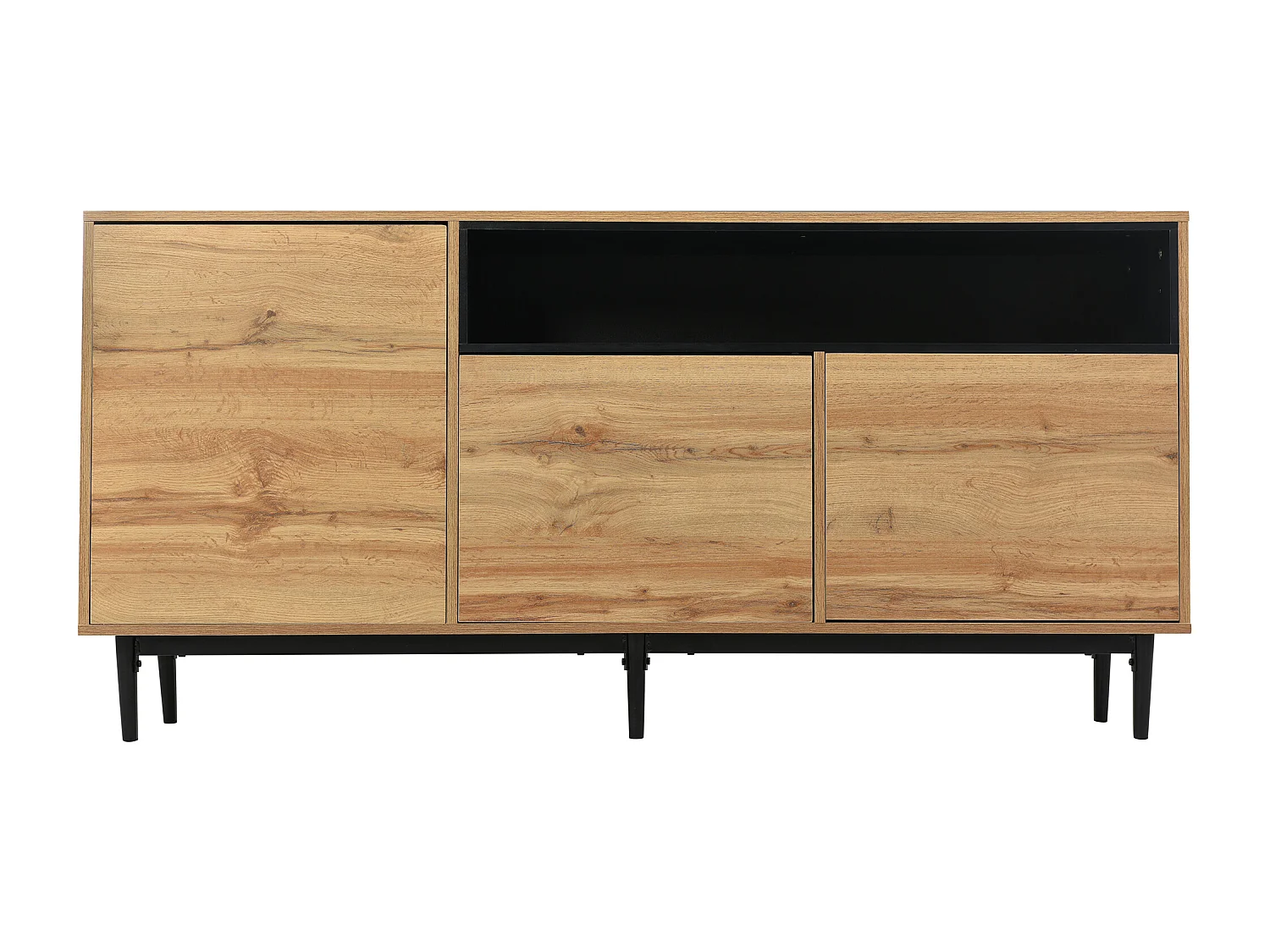 Buffet 160x35x76cm avec 3 portes et 1 niche, pieds en métal noir, corps en woodgrain naturel clair