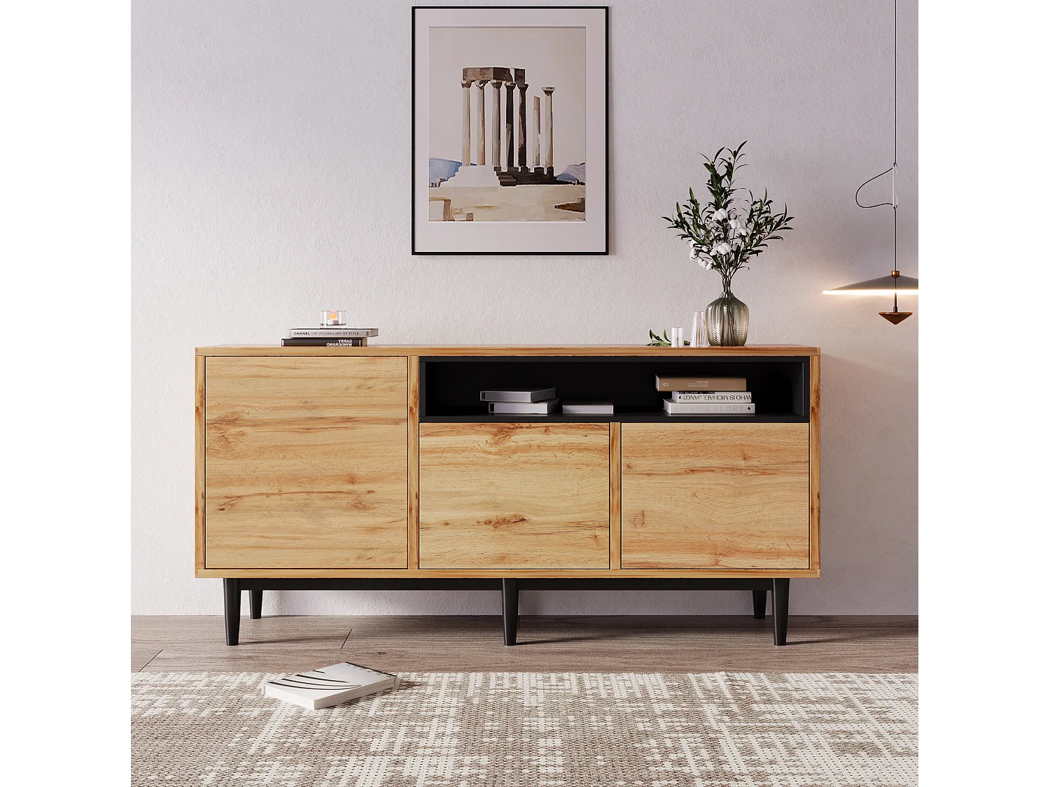 Buffet 160x35x76cm avec 3 portes et 1 niche, pieds en métal noir, corps en woodgrain naturel clair