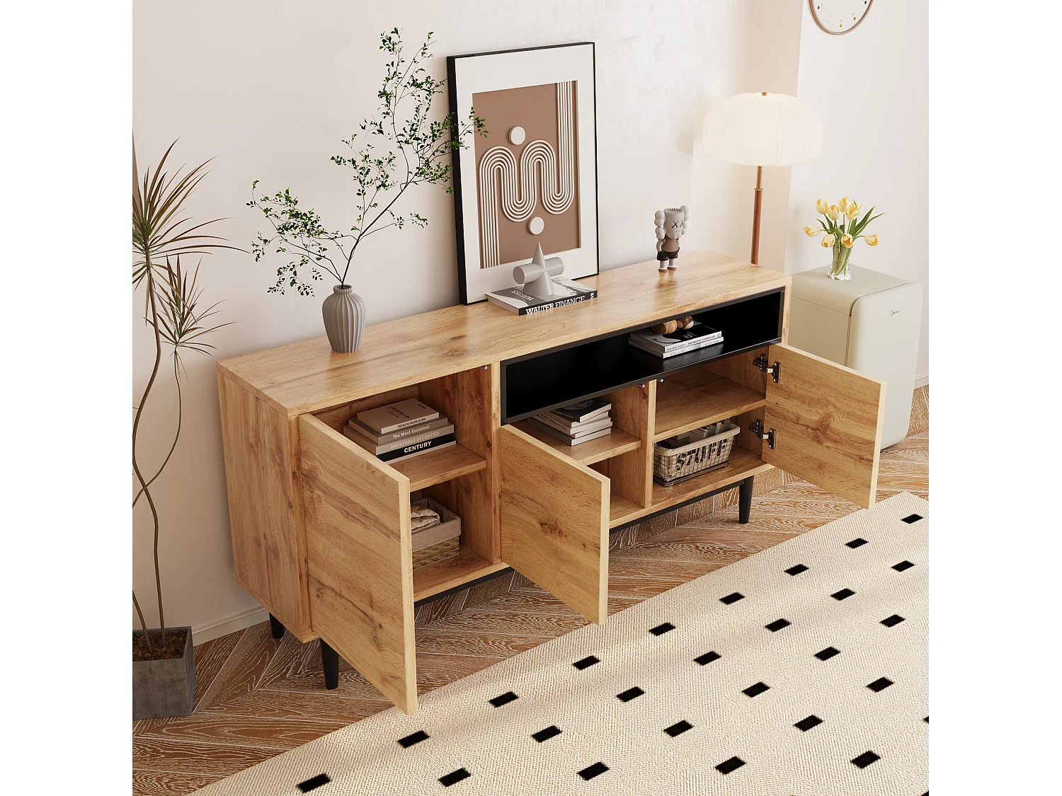 Buffet 160x35x76cm avec 3 portes et 1 niche, pieds en métal noir, corps en woodgrain naturel clair