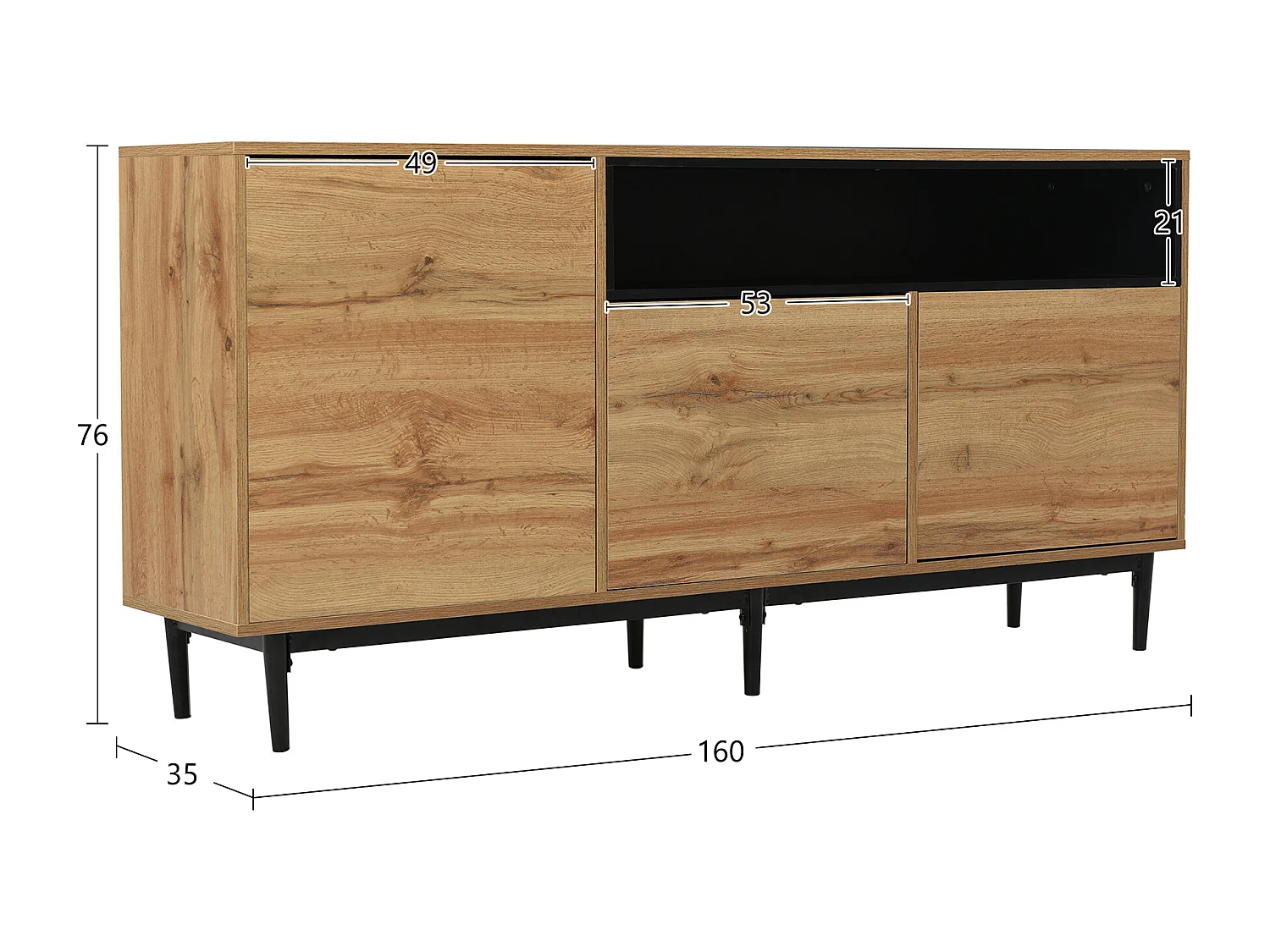 Buffet 160x35x76cm avec 3 portes et 1 niche, pieds en métal noir, corps en woodgrain naturel clair