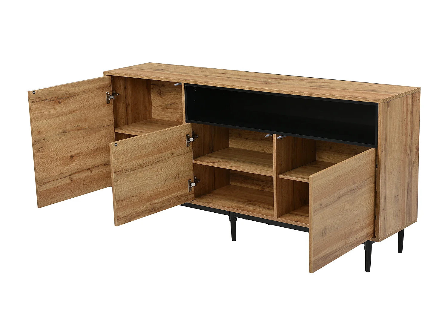 Buffet 160x35x76cm avec 3 portes et 1 niche, pieds en métal noir, corps en woodgrain naturel clair