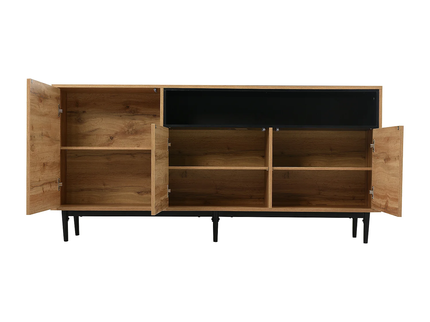 Buffet 160x35x76cm avec 3 portes et 1 niche, pieds en métal noir, corps en woodgrain naturel clair