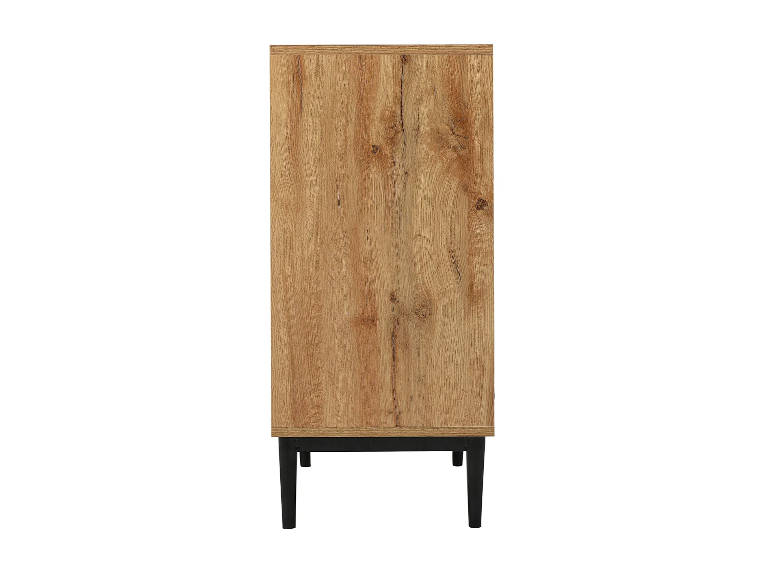Buffet 160x35x76cm avec 3 portes et 1 niche, pieds en métal noir, corps en woodgrain naturel clair