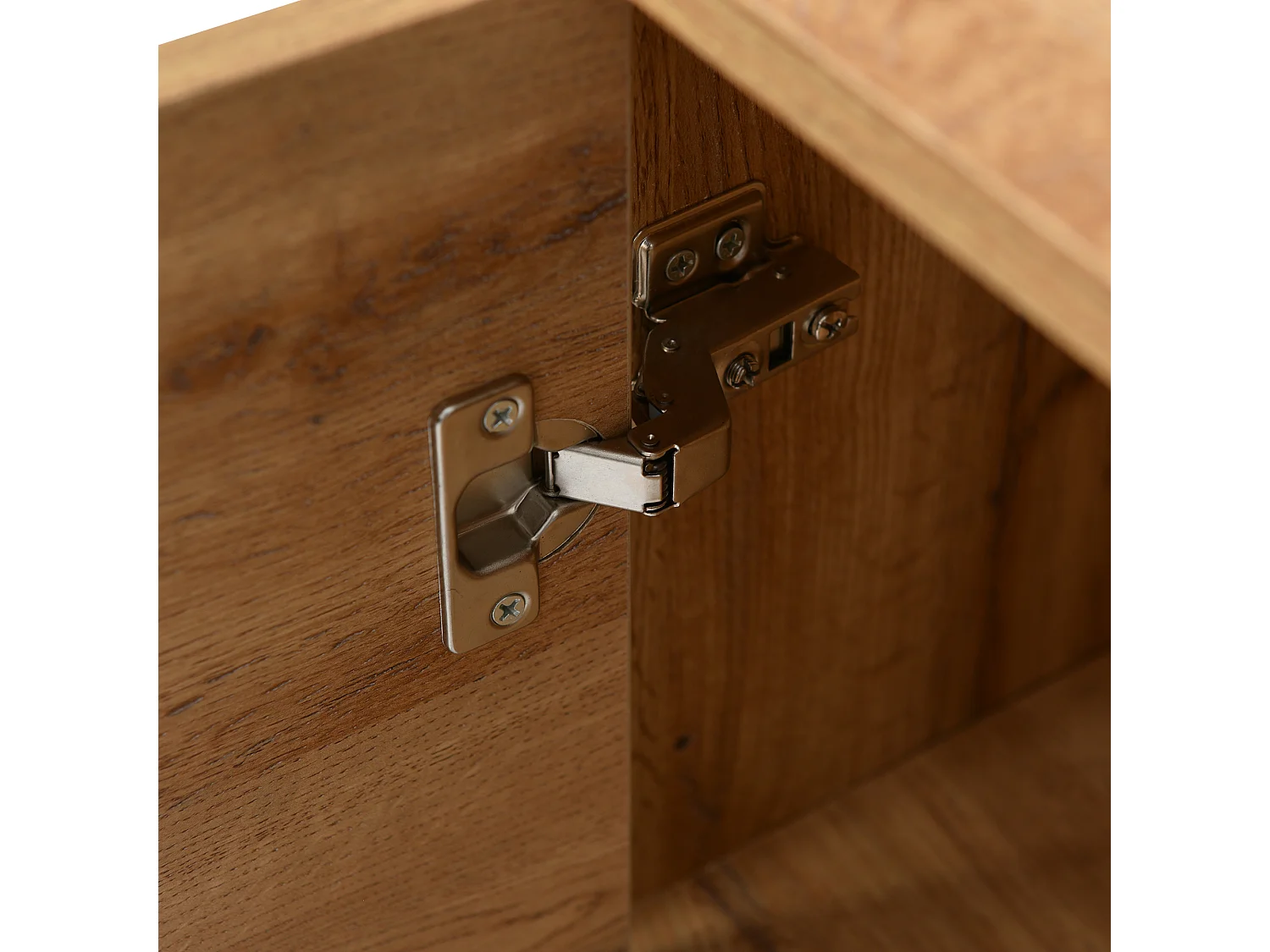 Buffet 160x35x76cm avec 3 portes et 1 niche, pieds en métal noir, corps en woodgrain naturel clair