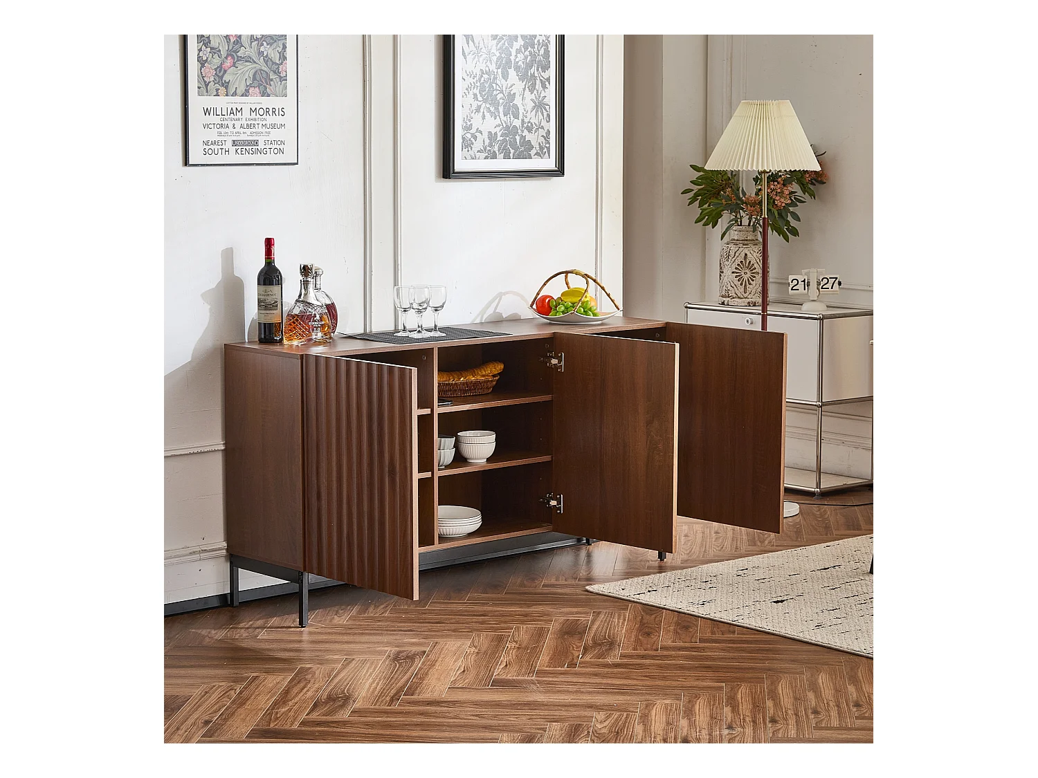 Buffet 150x40x80cm avec 3 portes push to open, ondulé en relief, corps en woodgrain marron