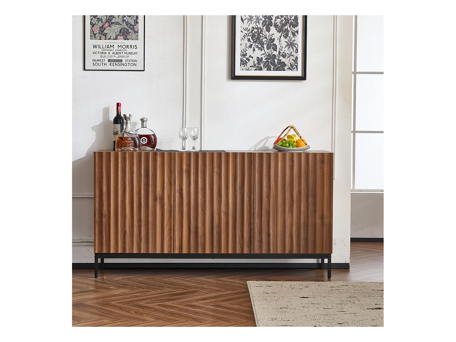 Buffet 150x40x80cm avec 3 portes push to open, ondulé en relief, corps en woodgrain marron