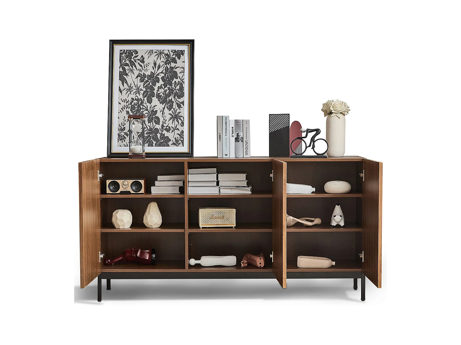 Buffet 150x40x80cm avec 3 portes push to open, ondulé en relief, corps en woodgrain marron