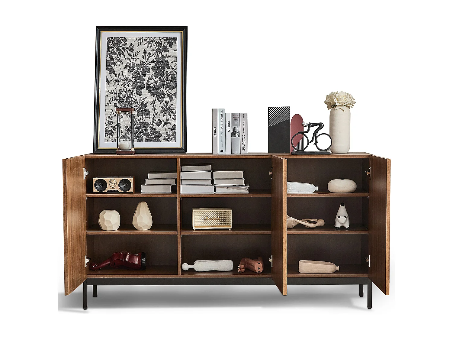 Aparador 150x40x80cm com 3 portas de abrir por pressão, padrão ondulado em relevo, corpo em madeira castanha