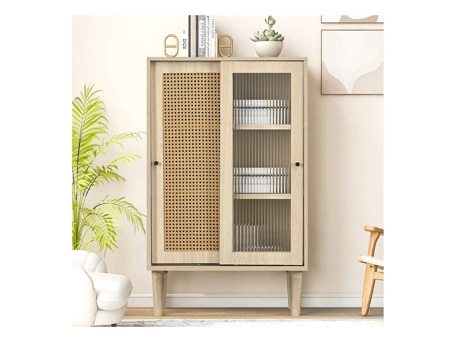 Buffet de cuisine 60x40x100cm, 2 portes coulissants respectivement en verre et en rotin