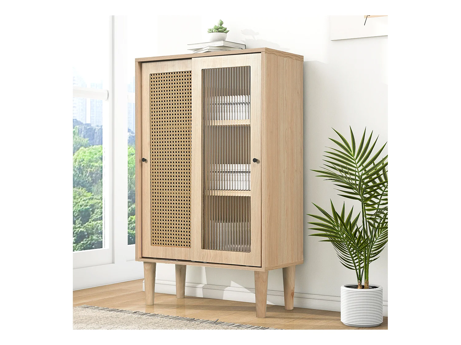 Buffet de cuisine 60x40x100cm, 2 portes coulissants respectivement en verre et en rotin