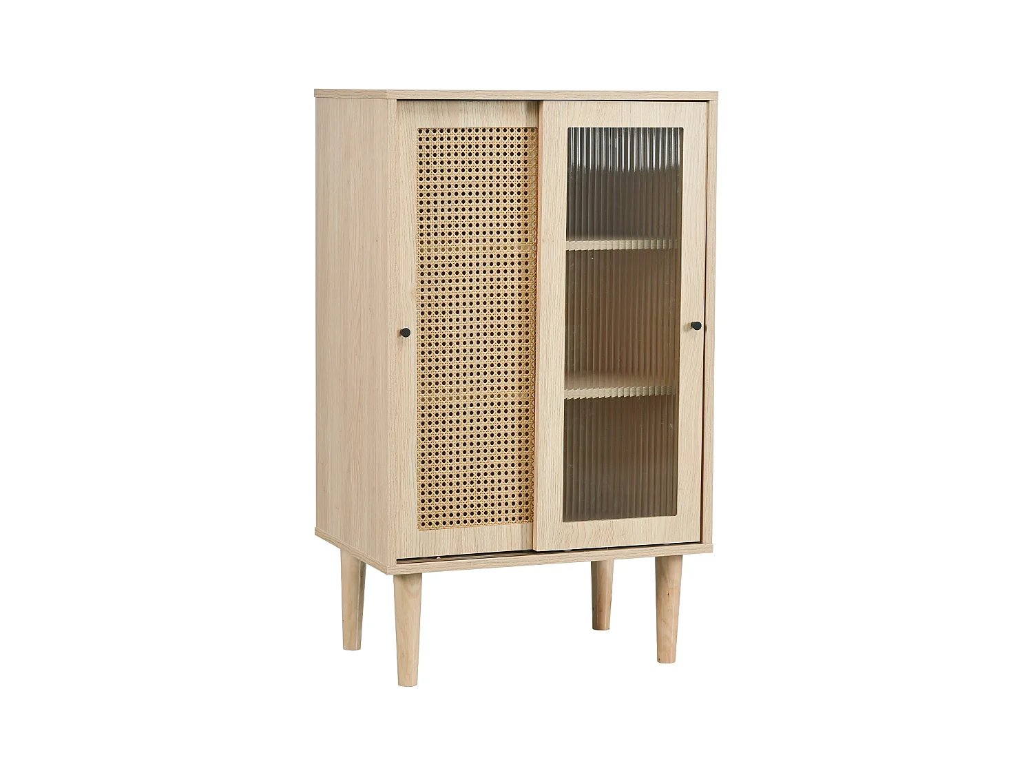 Buffet de cuisine 60x40x100cm, 2 portes coulissants respectivement en verre et en rotin