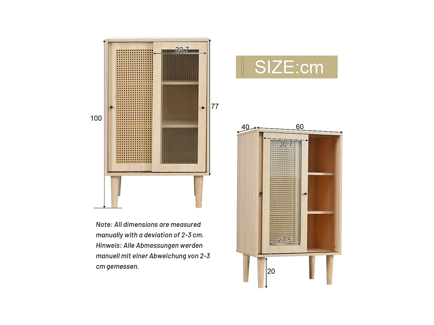 Buffet de cuisine 60x40x100cm, 2 portes coulissants respectivement en verre et en rotin