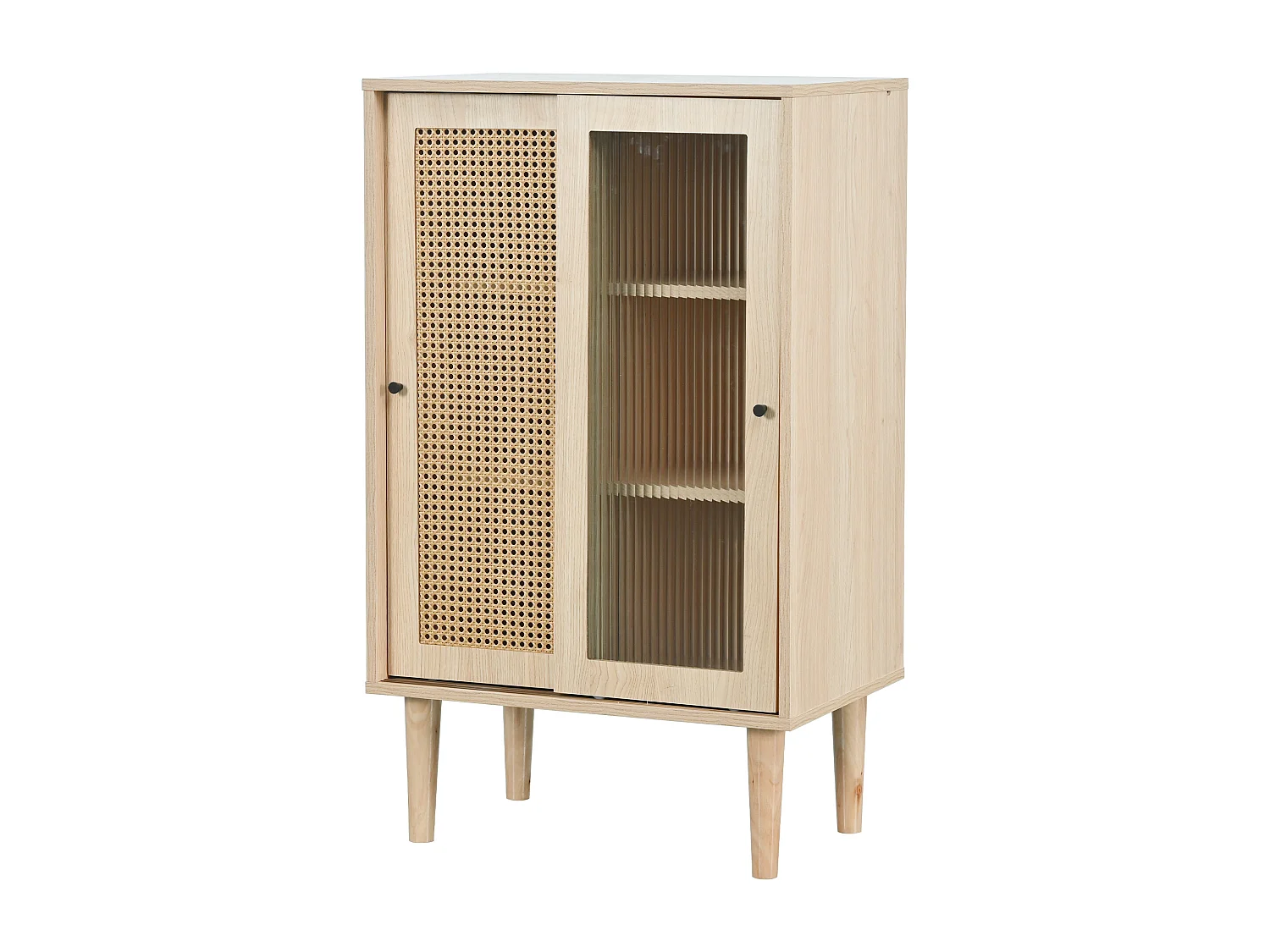 Buffet de cuisine 60x40x100cm, 2 portes coulissants respectivement en verre et en rotin