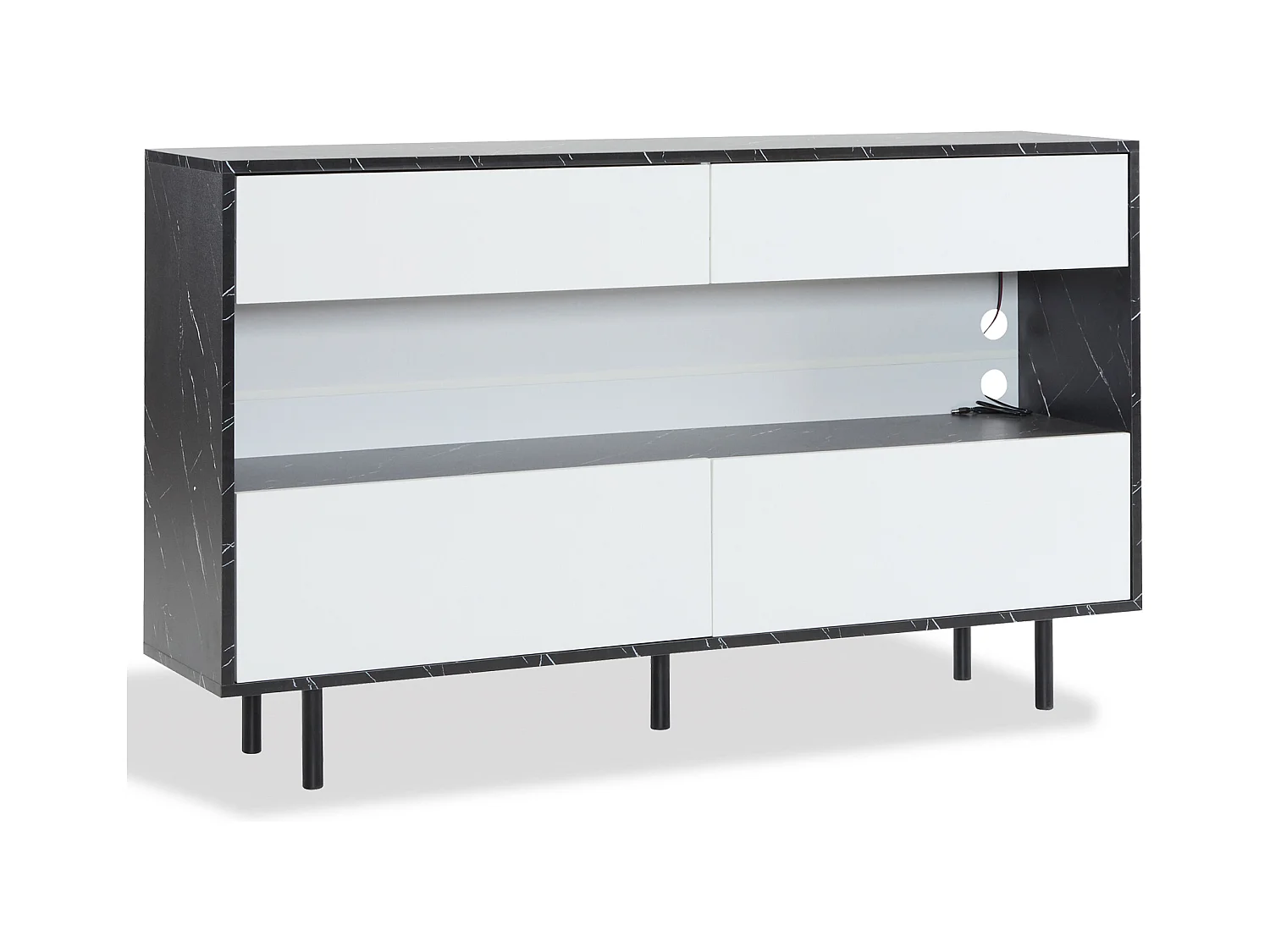 Buffet de cuisine 150x35x89.5cm avec 4 tiroirs et 1 niche, LED inclus, en placage marbre noir