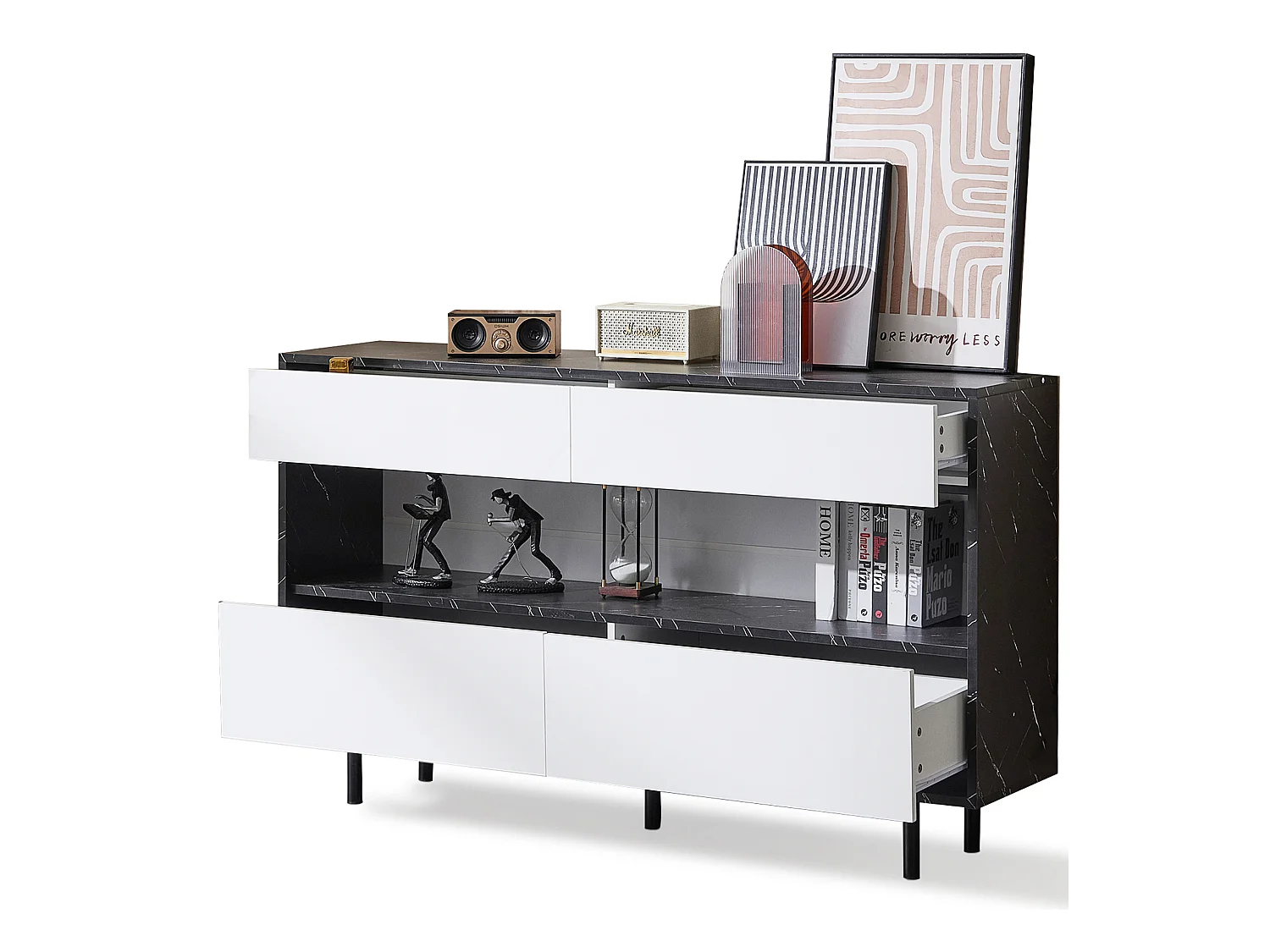 Buffet de cuisine 150x35x89.5cm avec 4 tiroirs et 1 niche, LED inclus, en placage marbre noir