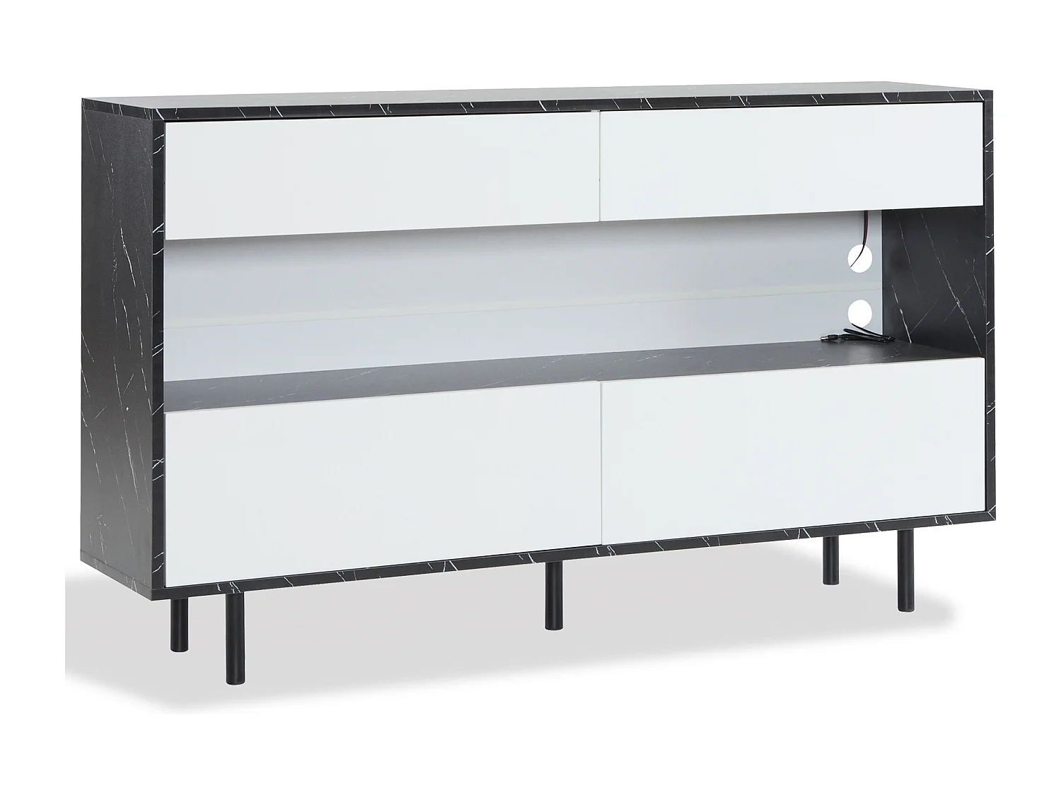 Aparador de cozinha 150x35x89,5cm com 4 gavetas e 1 nicho, LED incluído, em folheado de mármore preto