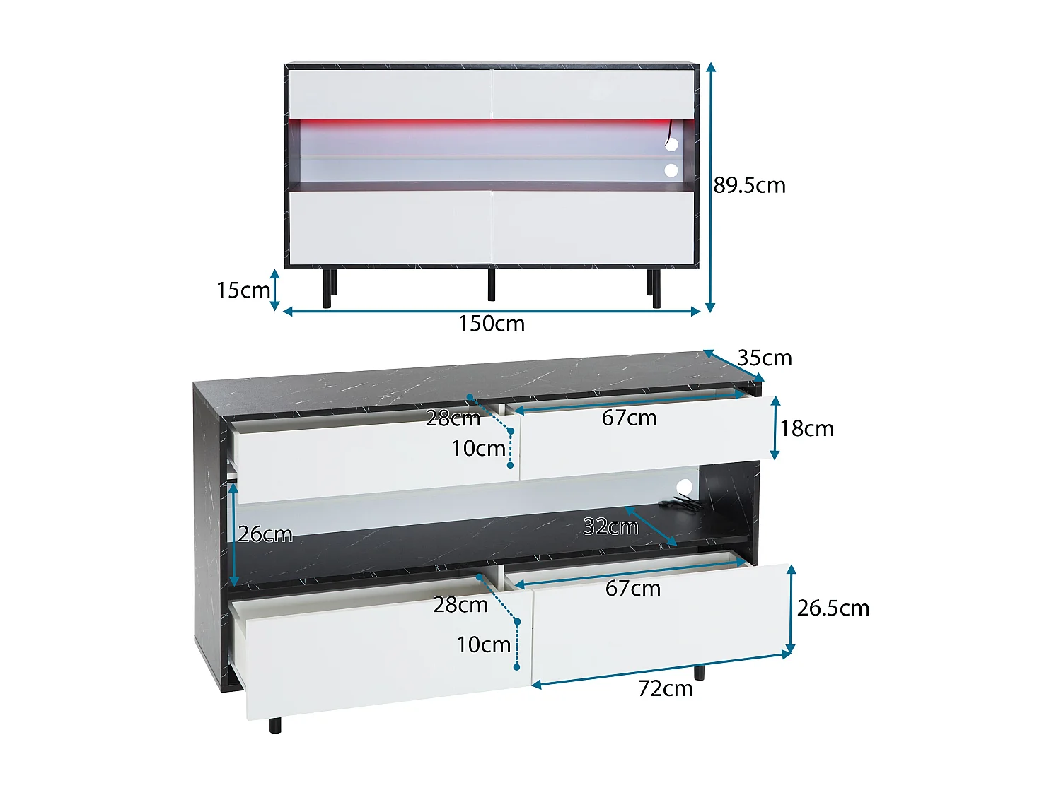 Aparador de cozinha 150x35x89,5cm com 4 gavetas e 1 nicho, LED incluído, em folheado de mármore preto