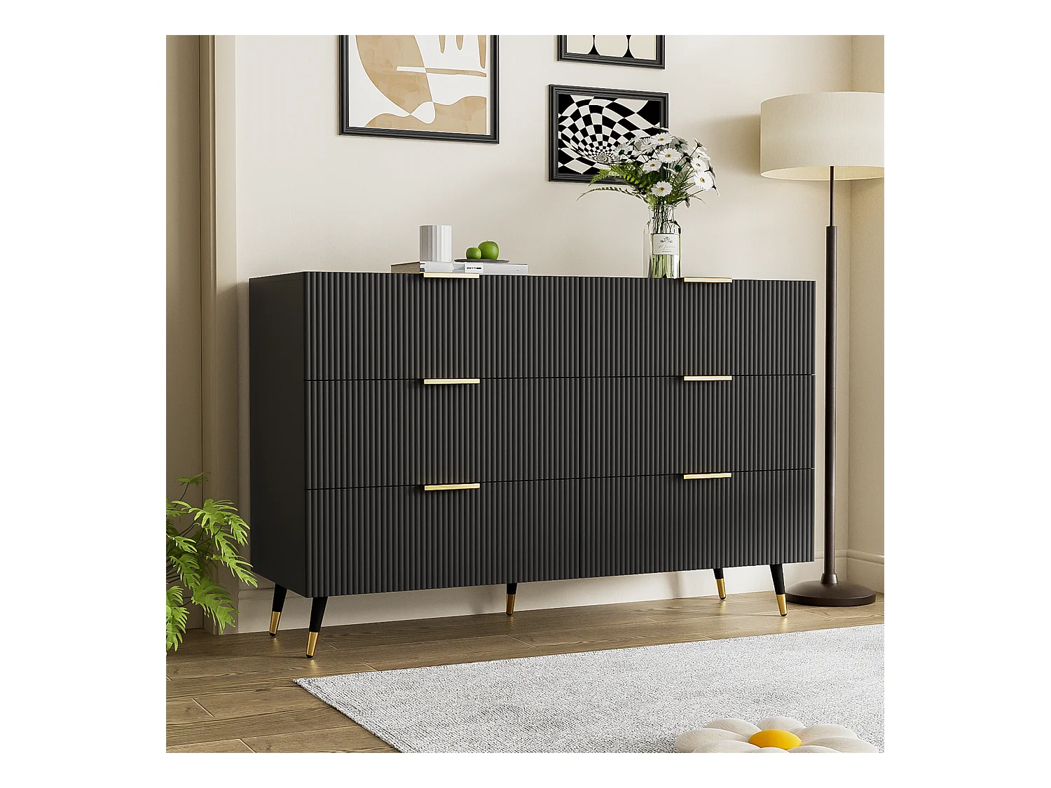 Buffet 120x40x77cm avec 6 tiroirs, pieds et poignées dorées, corps noir