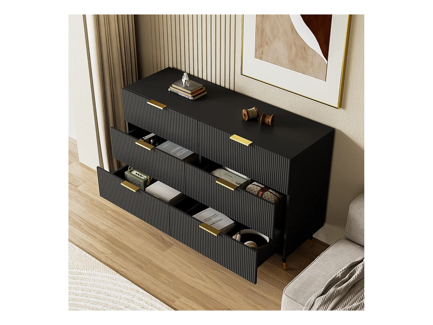 Buffet 120x40x77cm avec 6 tiroirs, pieds et poignées dorées, corps noir