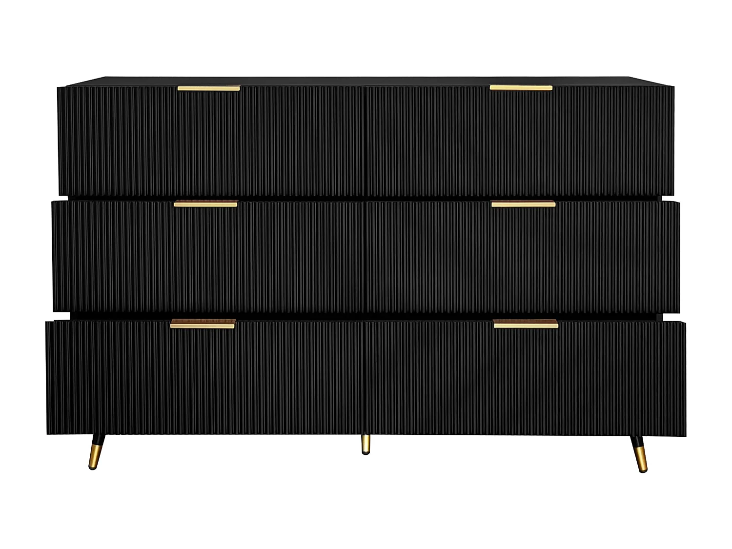 Buffet 120x40x77cm avec 6 tiroirs, pieds et poignées dorées, corps noir