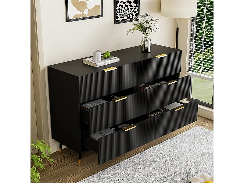 Dressoir 120x40x77cm met 6 lades, gouden poten en handgrepen, zwarte body