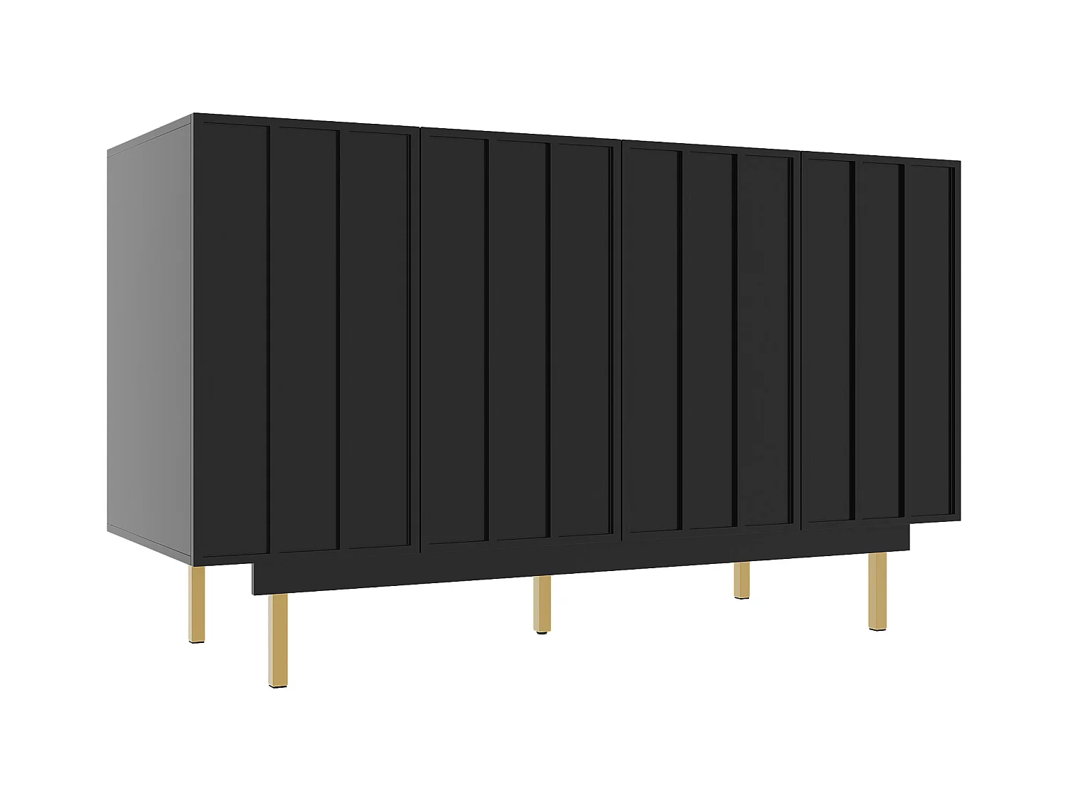 Buffet 140x38.5x82.5cm avec 4 portes sans poignées, corps en MDF noir et pieds en métal doré