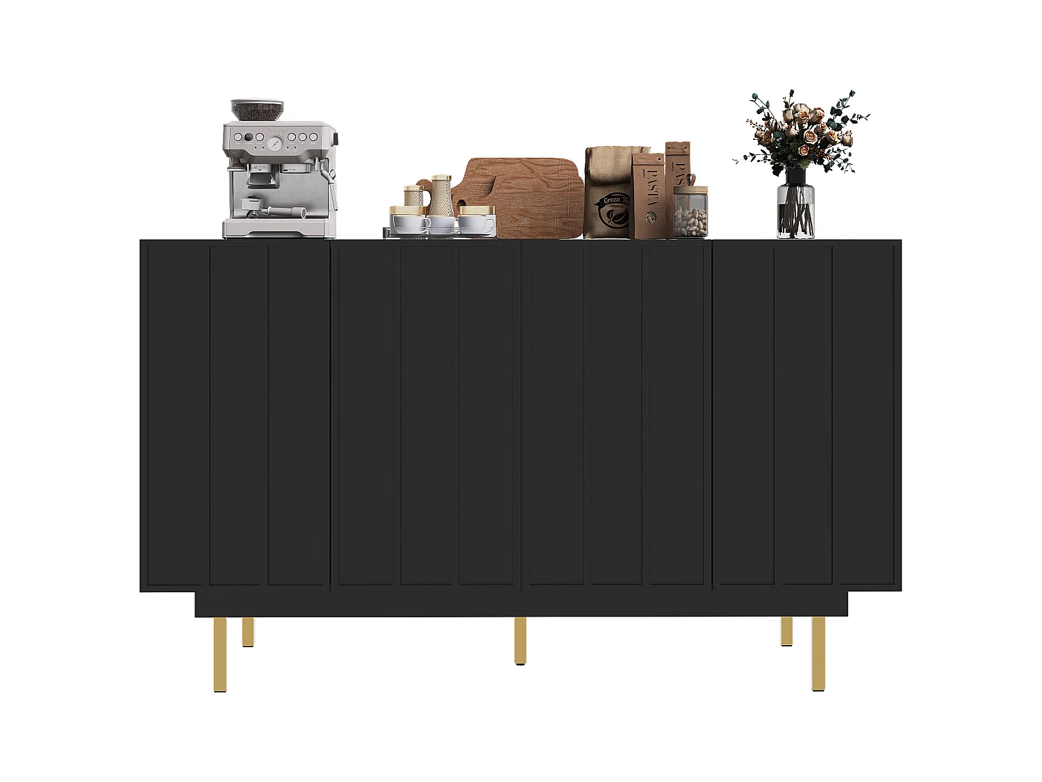 Buffet 140x38.5x82.5cm avec 4 portes sans poignées, corps en MDF noir et pieds en métal doré