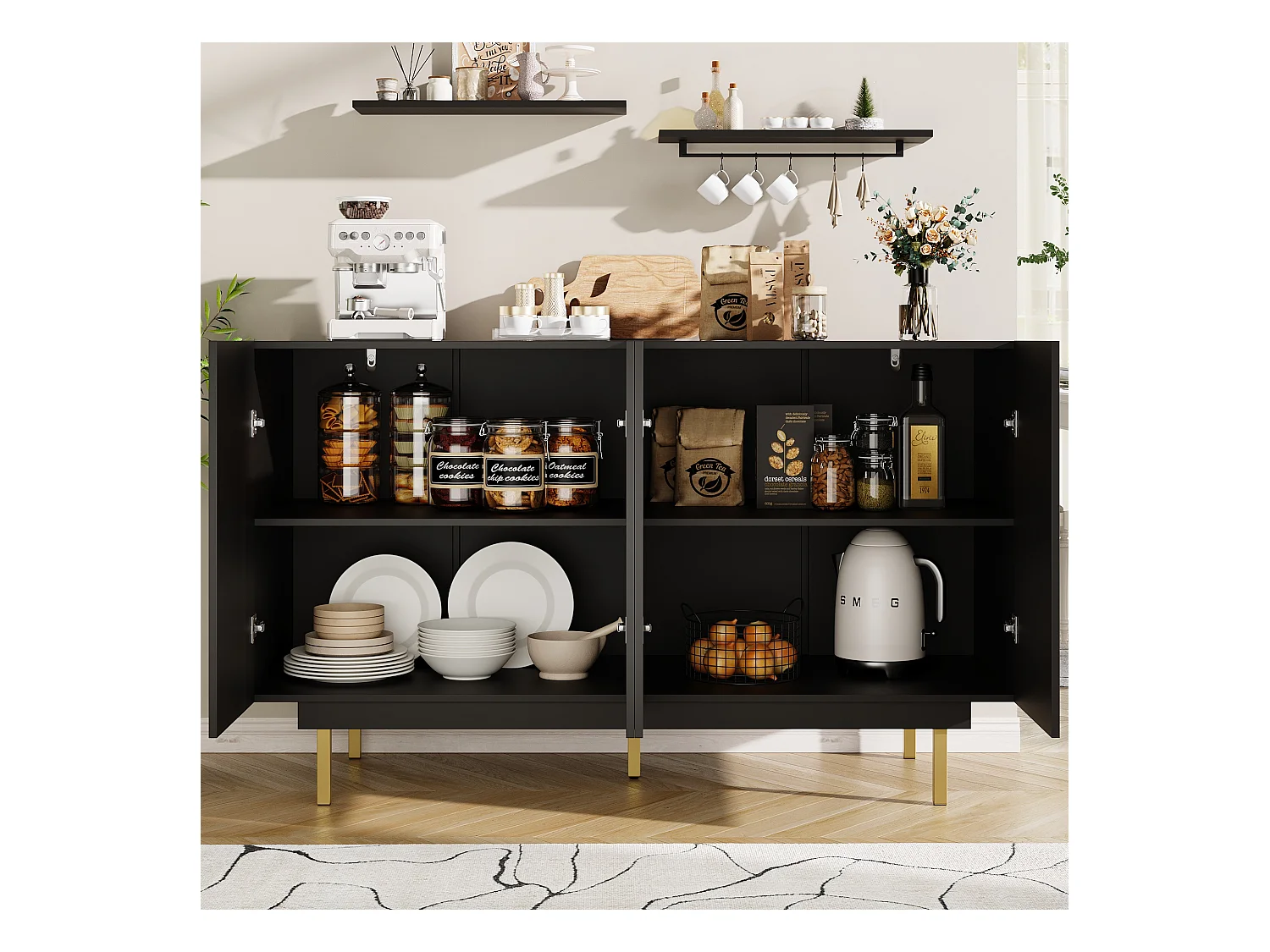 Buffet 140x38.5x82.5cm avec 4 portes sans poignées, corps en MDF noir et pieds en métal doré
