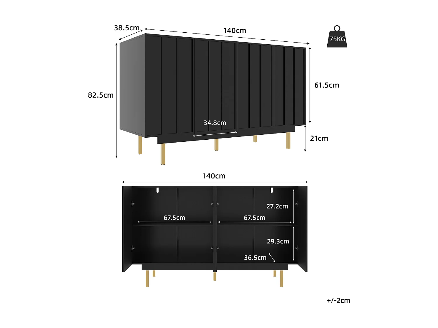 Buffet 140x38.5x82.5cm avec 4 portes sans poignées, corps en MDF noir et pieds en métal doré