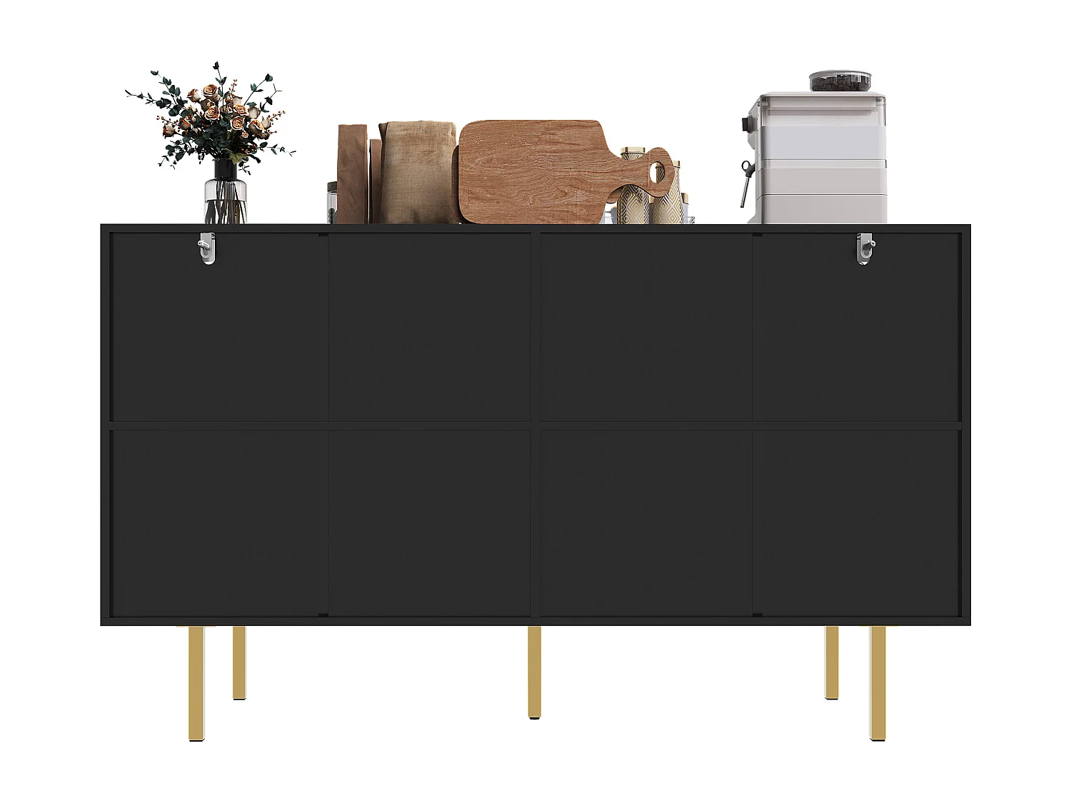 Buffet 140x38.5x82.5cm avec 4 portes sans poignées, corps en MDF noir et pieds en métal doré