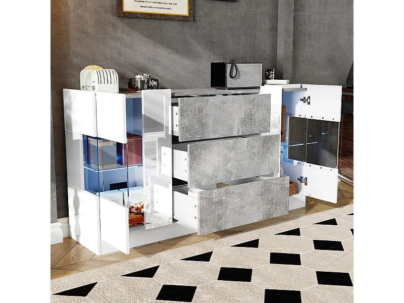 Buffet 140x35x75cm avec 2 portes en verre et LED, 3 tiroirs et plateau en placage marbre gris, corps blanc laqué