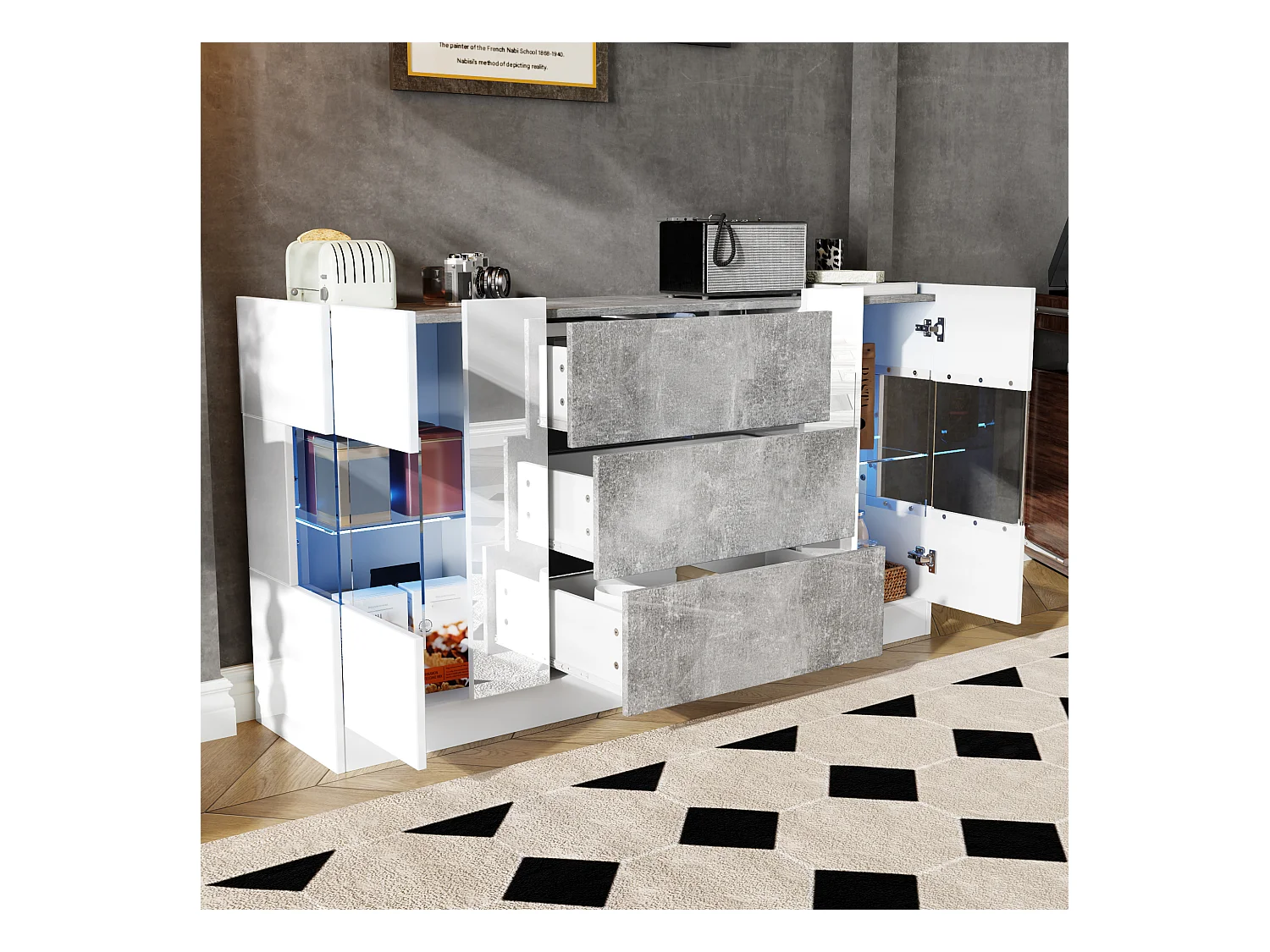 Buffet 140x35x75cm avec 2 portes en verre et LED, 3 tiroirs et plateau en placage marbre gris, corps blanc laqué