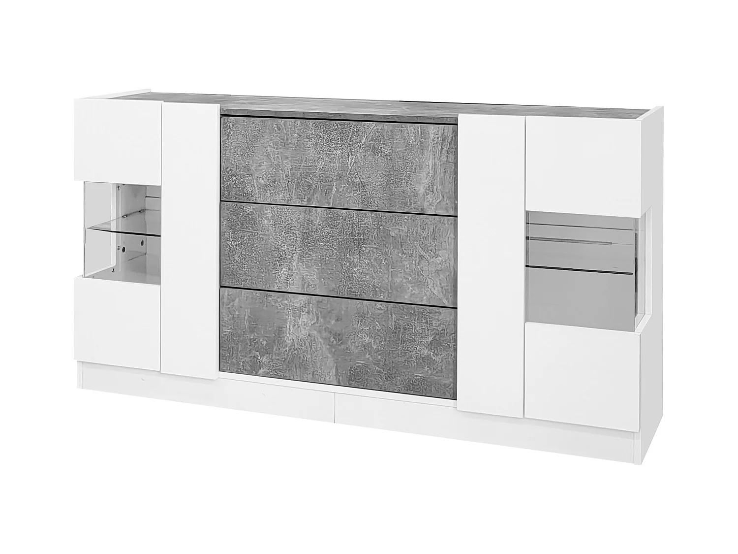 Buffet 140x35x75cm avec 2 portes en verre et LED, 3 tiroirs et plateau en placage marbre gris, corps blanc laqué