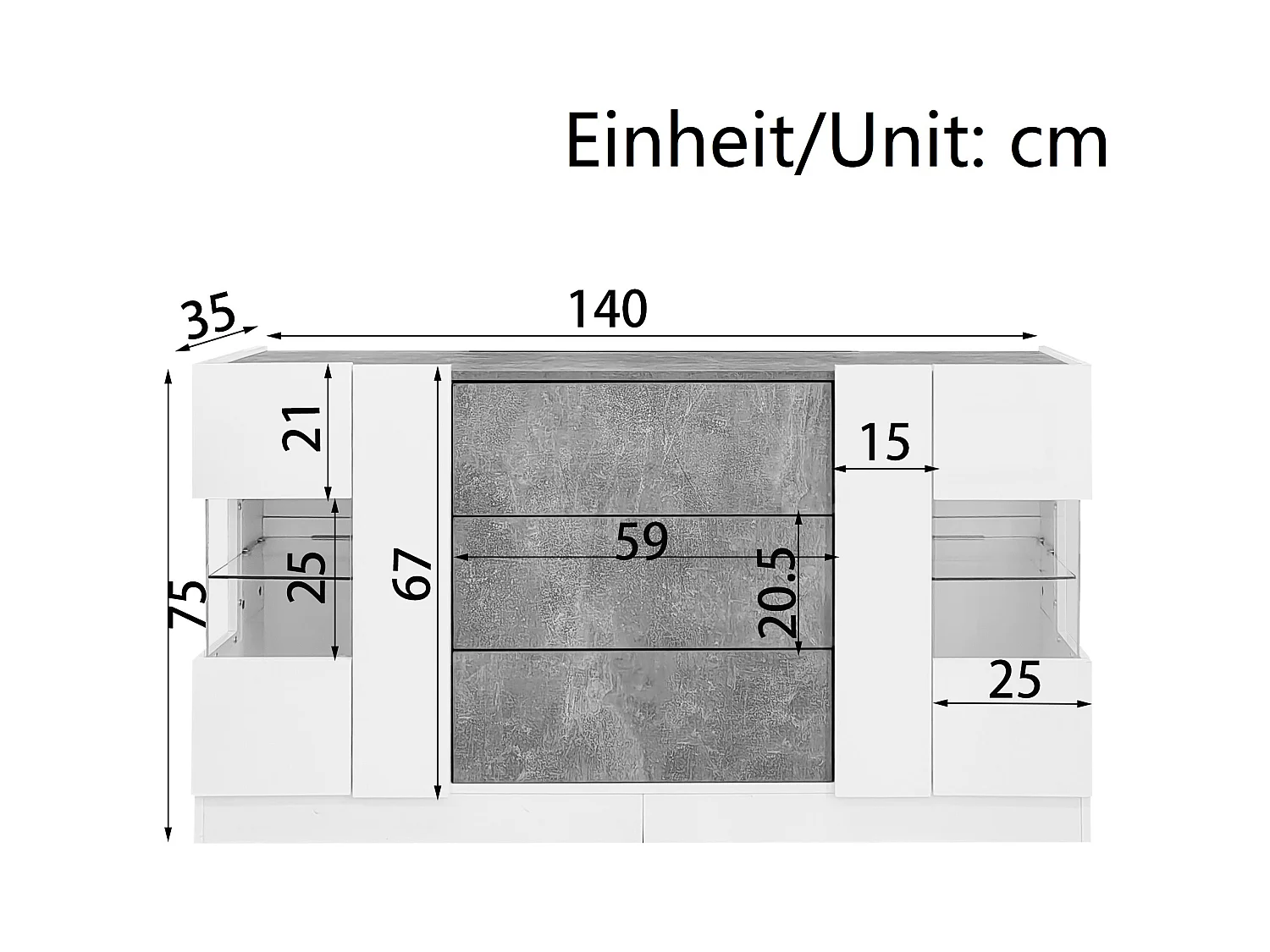 Buffet 140x35x75cm avec 2 portes en verre et LED, 3 tiroirs et plateau en placage marbre gris, corps blanc laqué