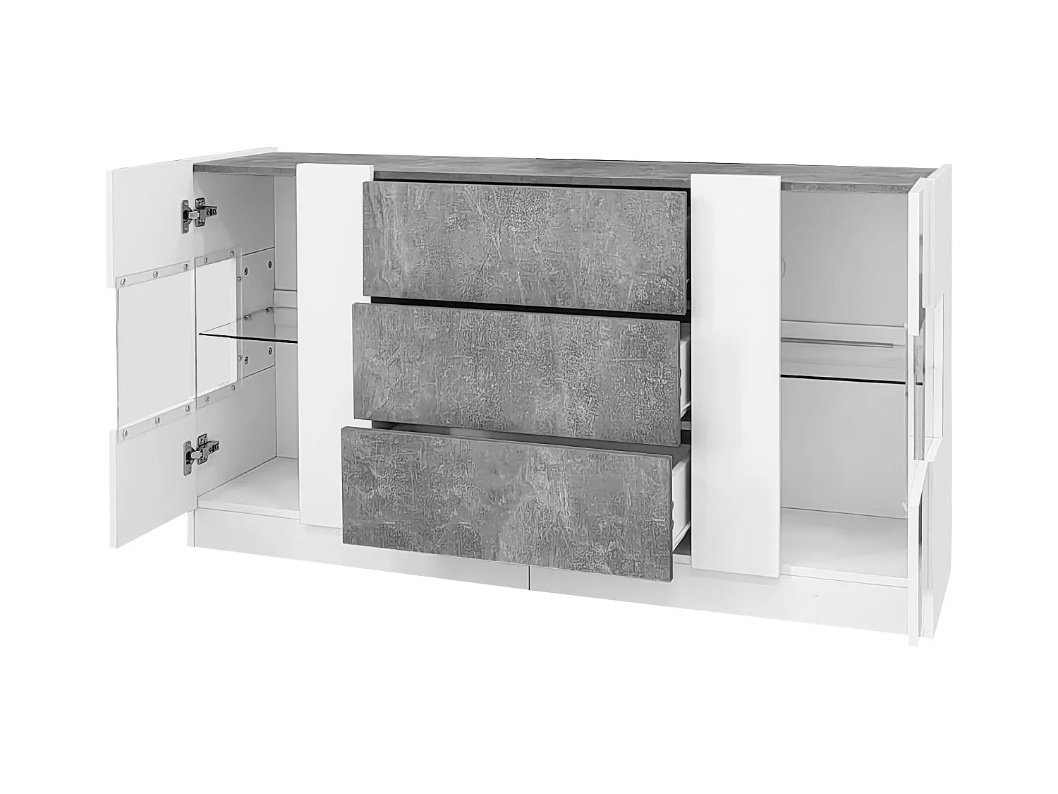 Buffet 140x35x75cm avec 2 portes en verre et LED, 3 tiroirs et plateau en placage marbre gris, corps blanc laqué