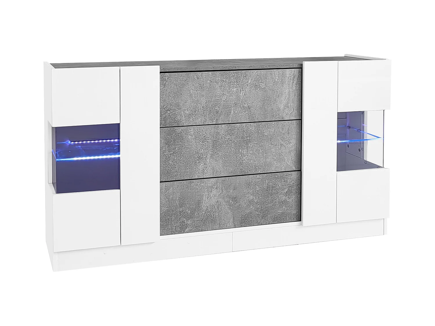Buffet 140x35x75cm avec 2 portes en verre et LED, 3 tiroirs et plateau en placage marbre gris, corps blanc laqué