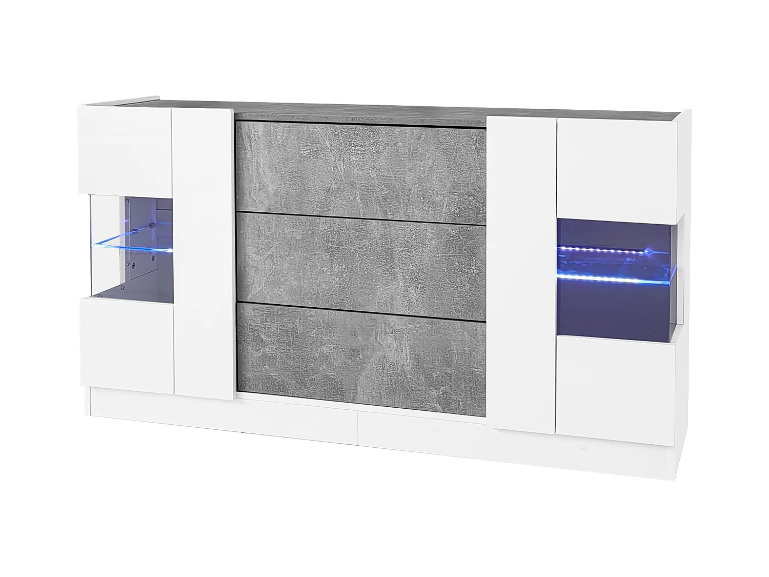 Buffet 140x35x75cm avec 2 portes en verre et LED, 3 tiroirs et plateau en placage marbre gris, corps blanc laqué