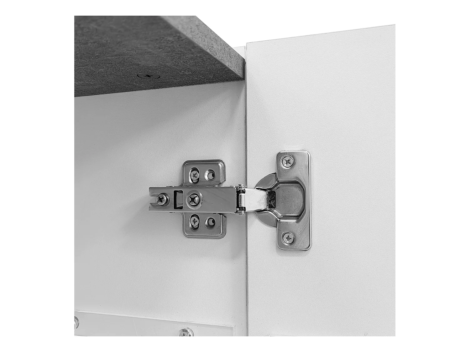 Buffet 140x35x75cm avec 2 portes en verre et LED, 3 tiroirs et plateau en placage marbre gris, corps blanc laqué